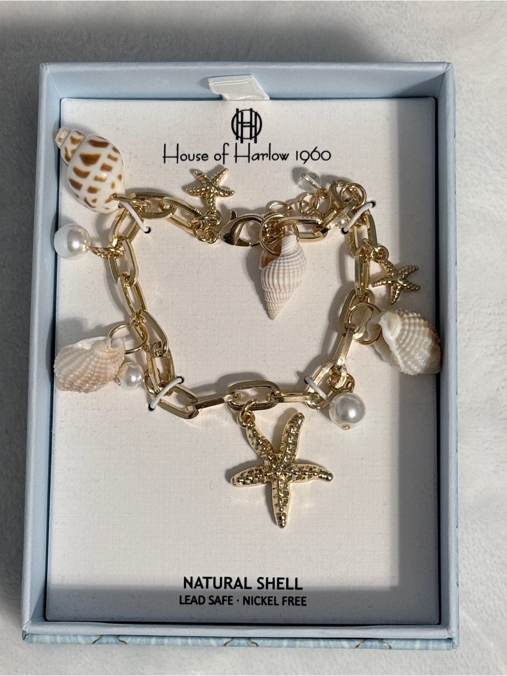 House of Harlow 1960 Gold Charm Bracelet with White Shells & Pearls